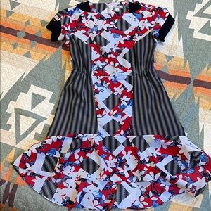 Peter Pilotto Girls Mixed-Print Ruffle Dress in Red, Black, White & Blue